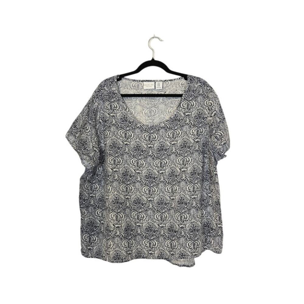 Rachel Zoe Women's 100% Linen Top Size 1X Navy Blue Floral Preppy Feminine